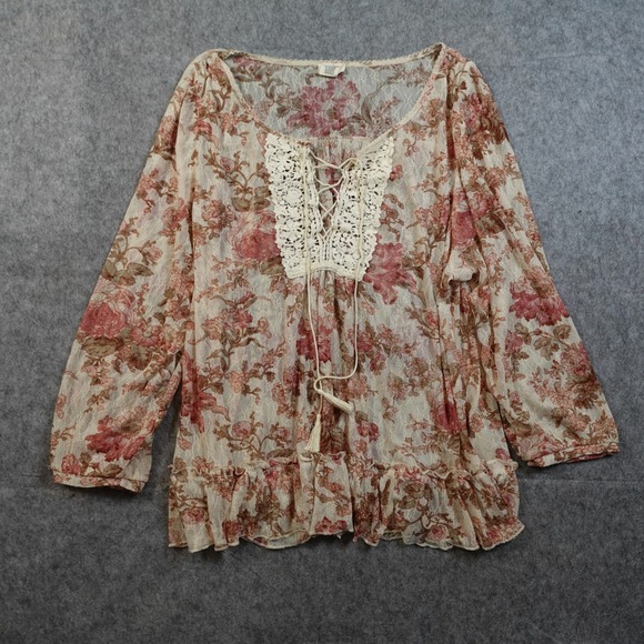 Ralph Lauren Tops - Ralph Lauren Top Womens Extra Large Blouse‎ Lace Floral Sheer Coquette Western